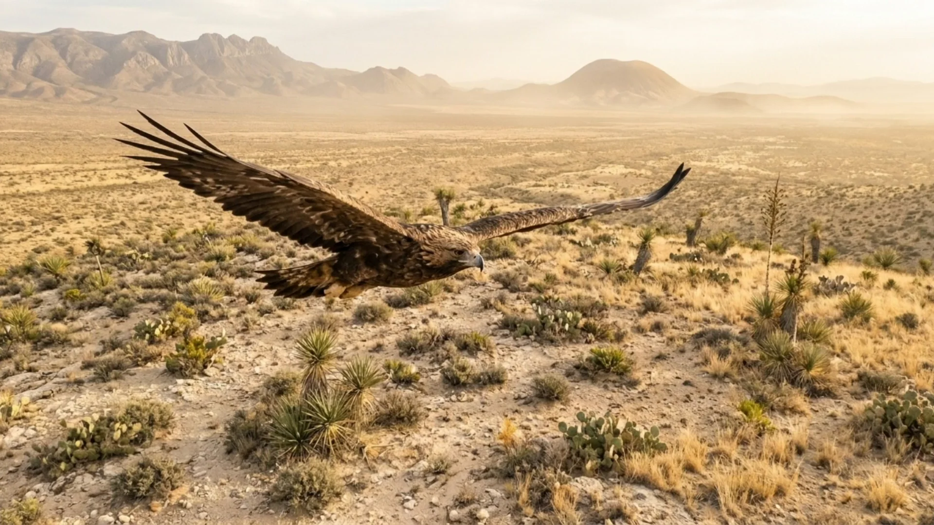 Un águila real sobrevuela el desierto sagrado de Wirikuta